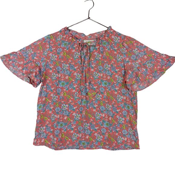 Max Studio Floral Bohemian blouse Size Large Orange Blue Yellow Short Sleeve - Picture 3 of 8